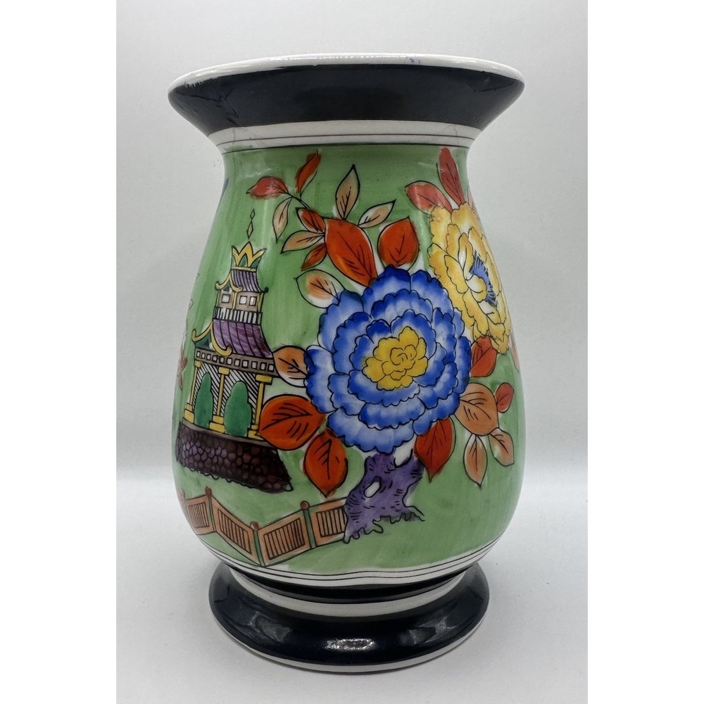 Gold Castle Vase Japanese Gardens Vintage Porcelain Hand Painted China 7" Tall